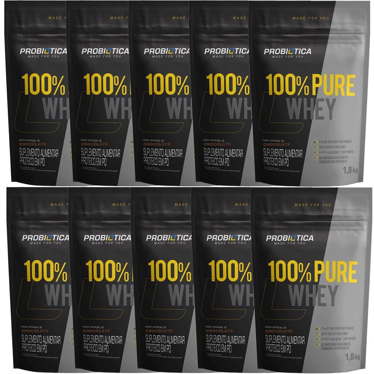 Kit 10X 100% Pure Whey - 1800g Refil Chocolate - Probiotica