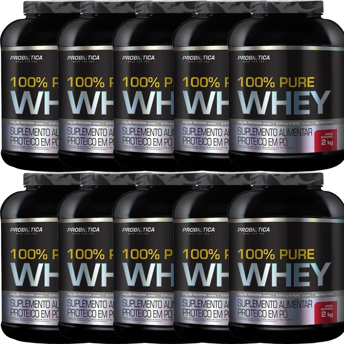 Kit 10X 100% Pure Whey - 2000g Morango - Probi�tica