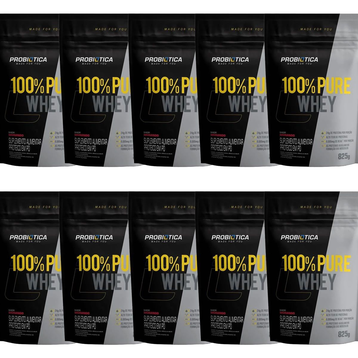 Kit 10X 100% Pure Whey - 825g Refil Morango - Probiotica