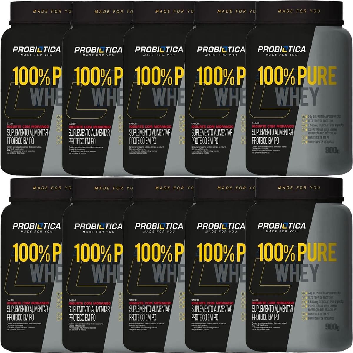 Kit 10X 100% Pure Whey - 900g Iogurte com Morango - Probiotica