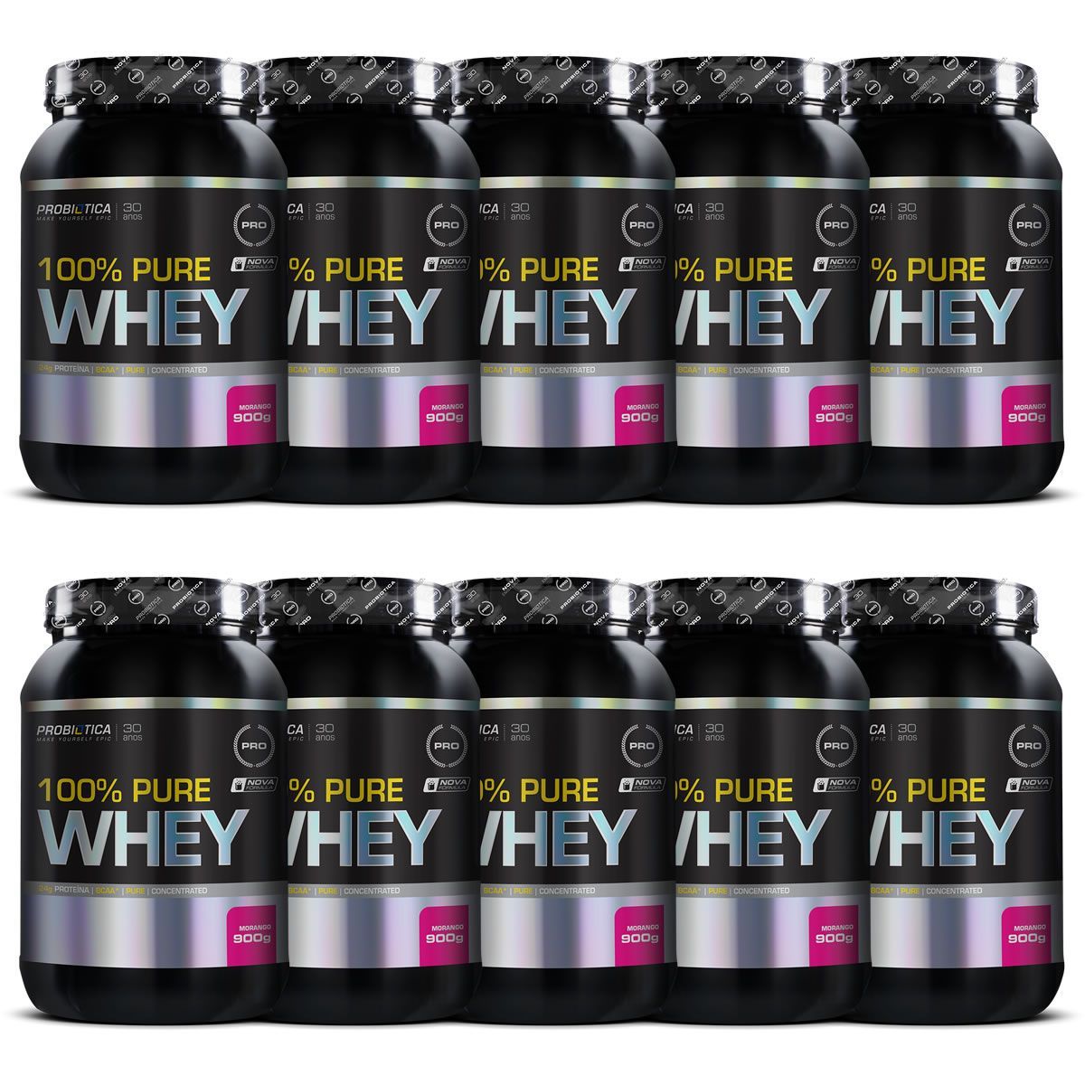 Kit 10X 100% Pure Whey - 900g Morango - Probi�tica