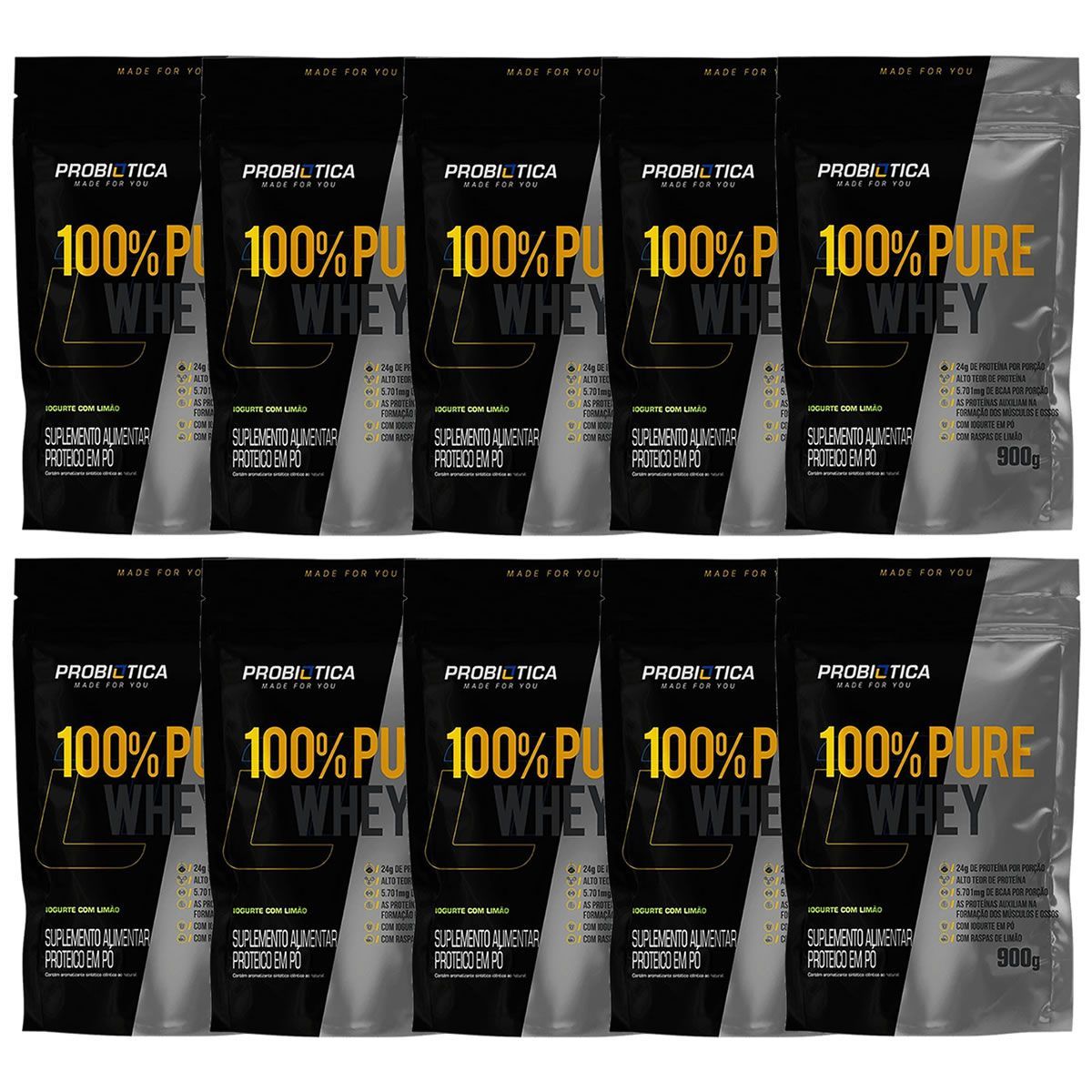 Kit 10X 100% Pure Whey - 900g Refil Iogurte Com Lim�o - Probi�tica