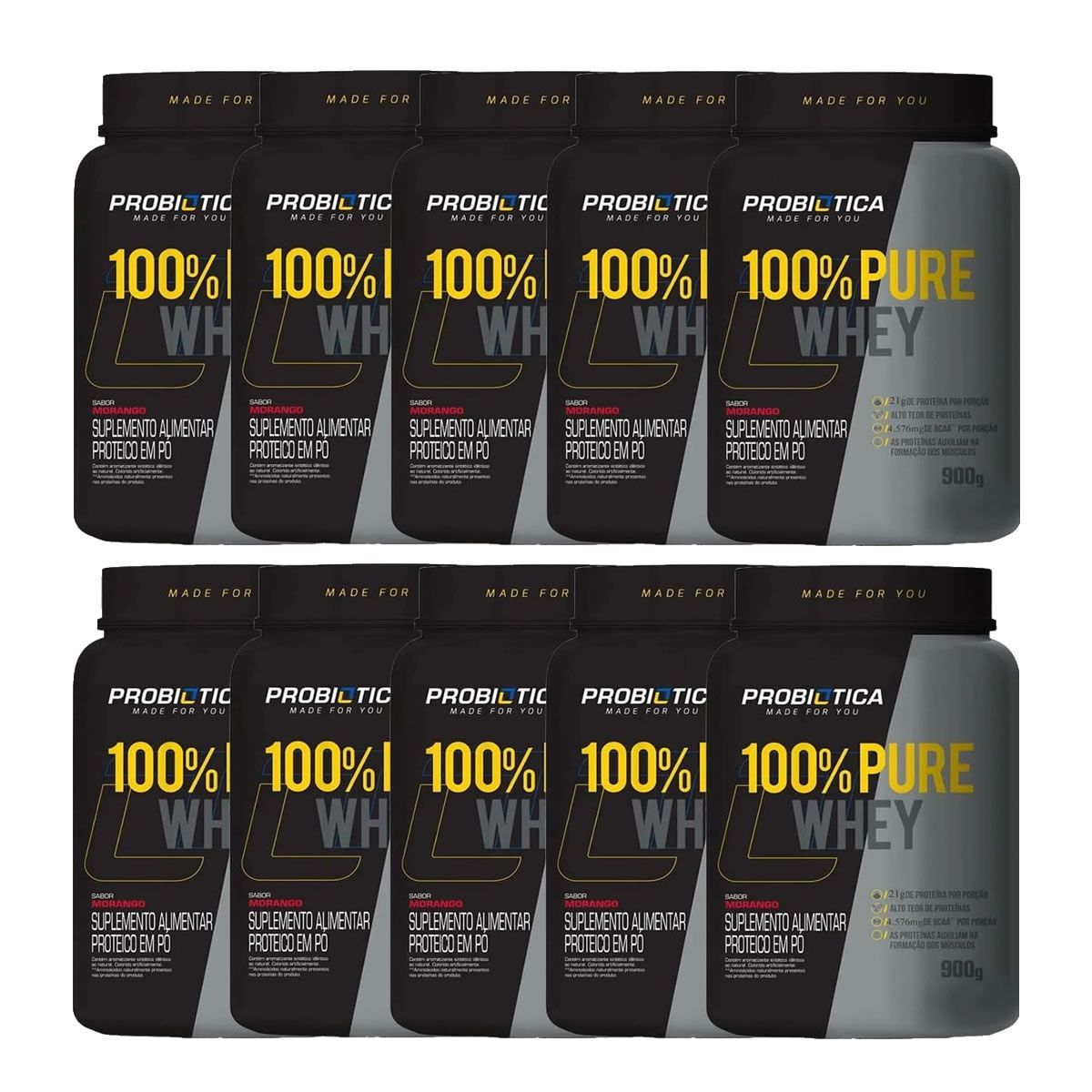 Kit 10X 100% Pure Whey Nova F�rmula - 900g Morango - Probi�tica
