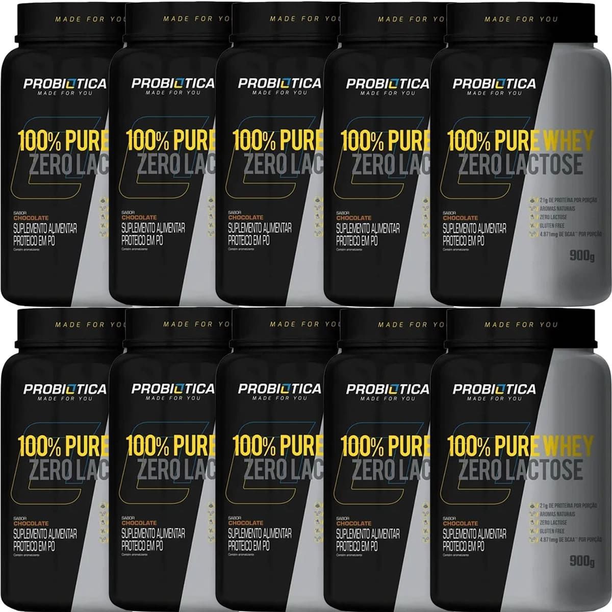 Kit 10X 100% Pure Whey Zero Lactose - Chocolate 900g - Probi�tica