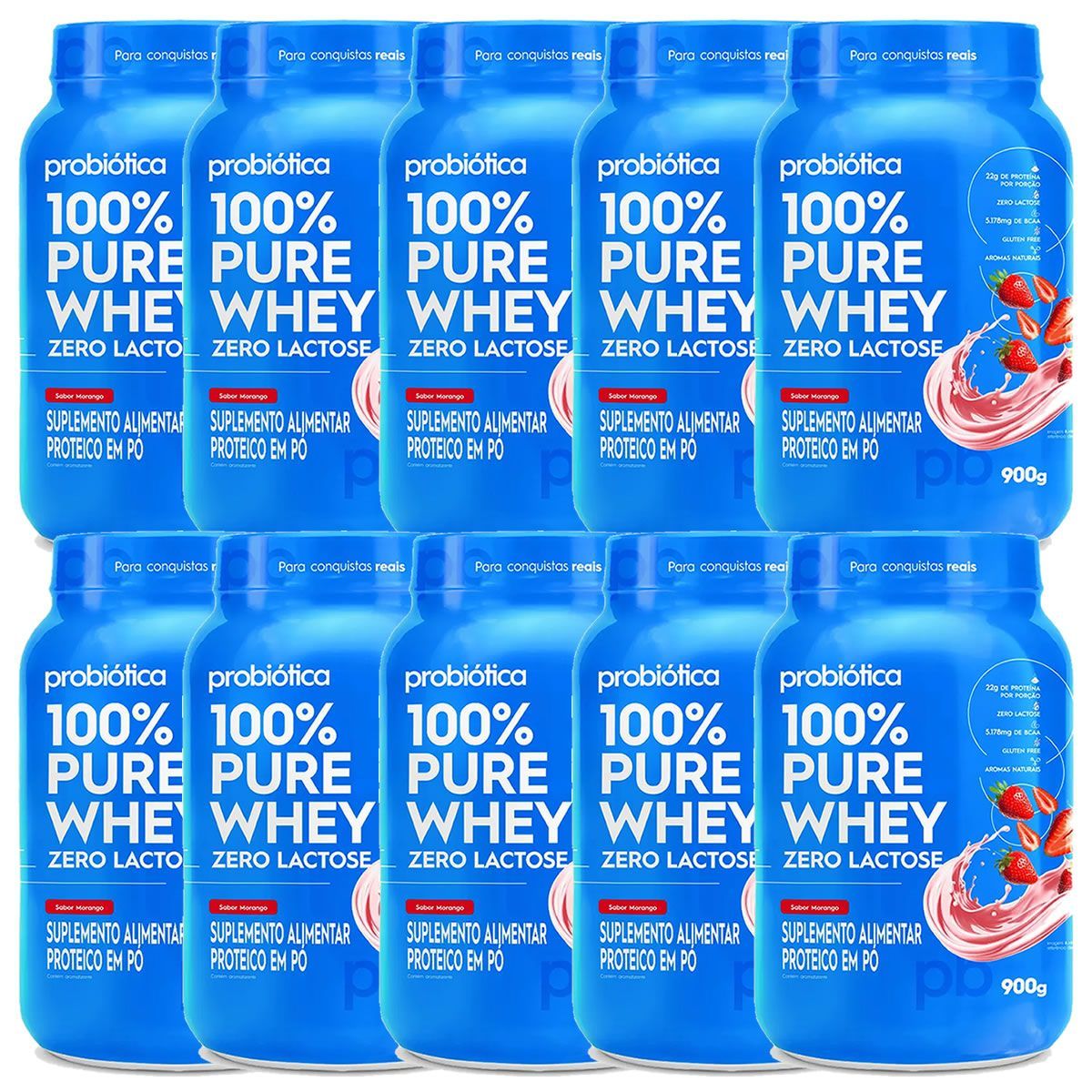 Kit 10X 100% Pure Whey Zero Lactose - Morango 900g - Probi�tica