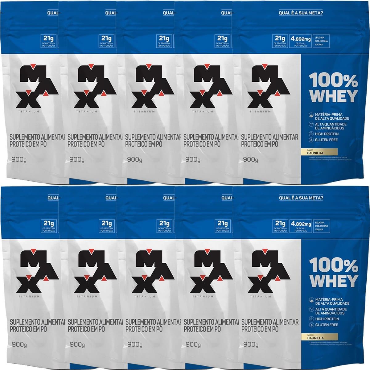 Kit 10X 100% Whey - 900g Refil Baunilha - Max Titanium
