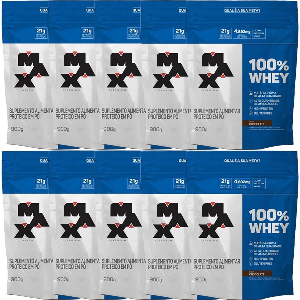 Kit 10X 100% Whey - 900g Refil Chocolate - Max Titanium