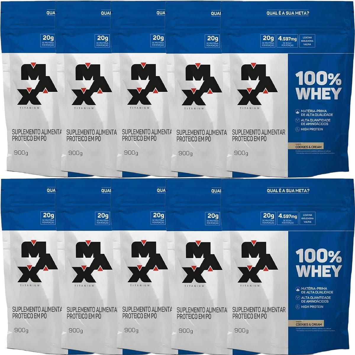 Kit 10X 100% Whey - 900g Refil Cookies & Cream - Max Titanium