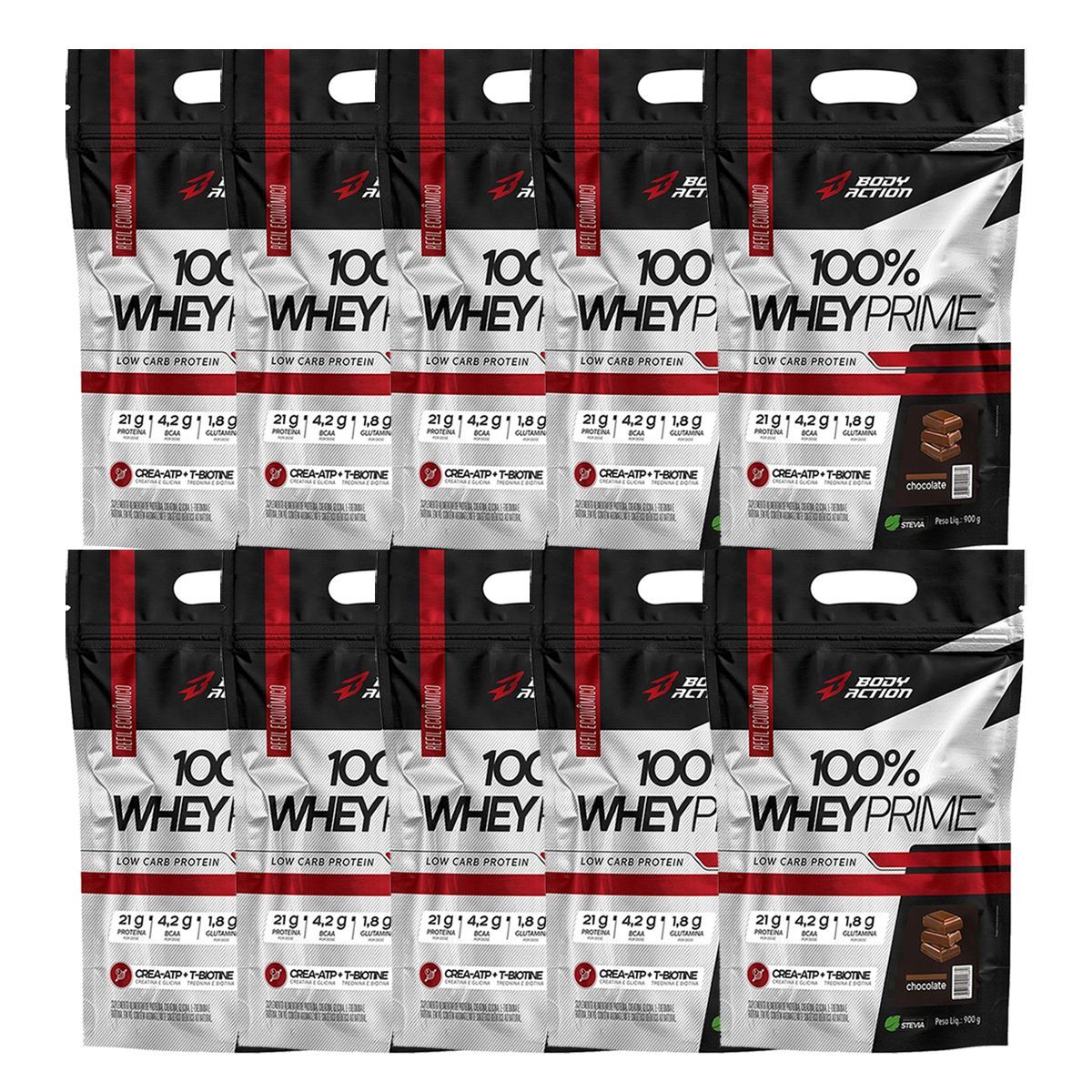 Kit 10X 100% Whey Prime - 900g Refil Chocolate - BodyAction