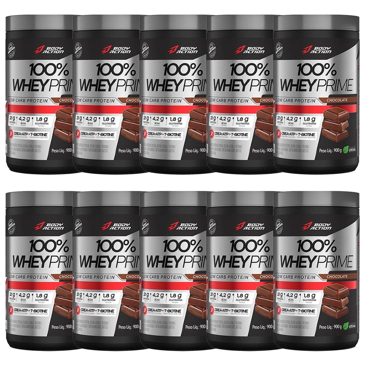 Kit 10X 100% Whey Prime Concentrado - 900g Chocolate - BodyAction