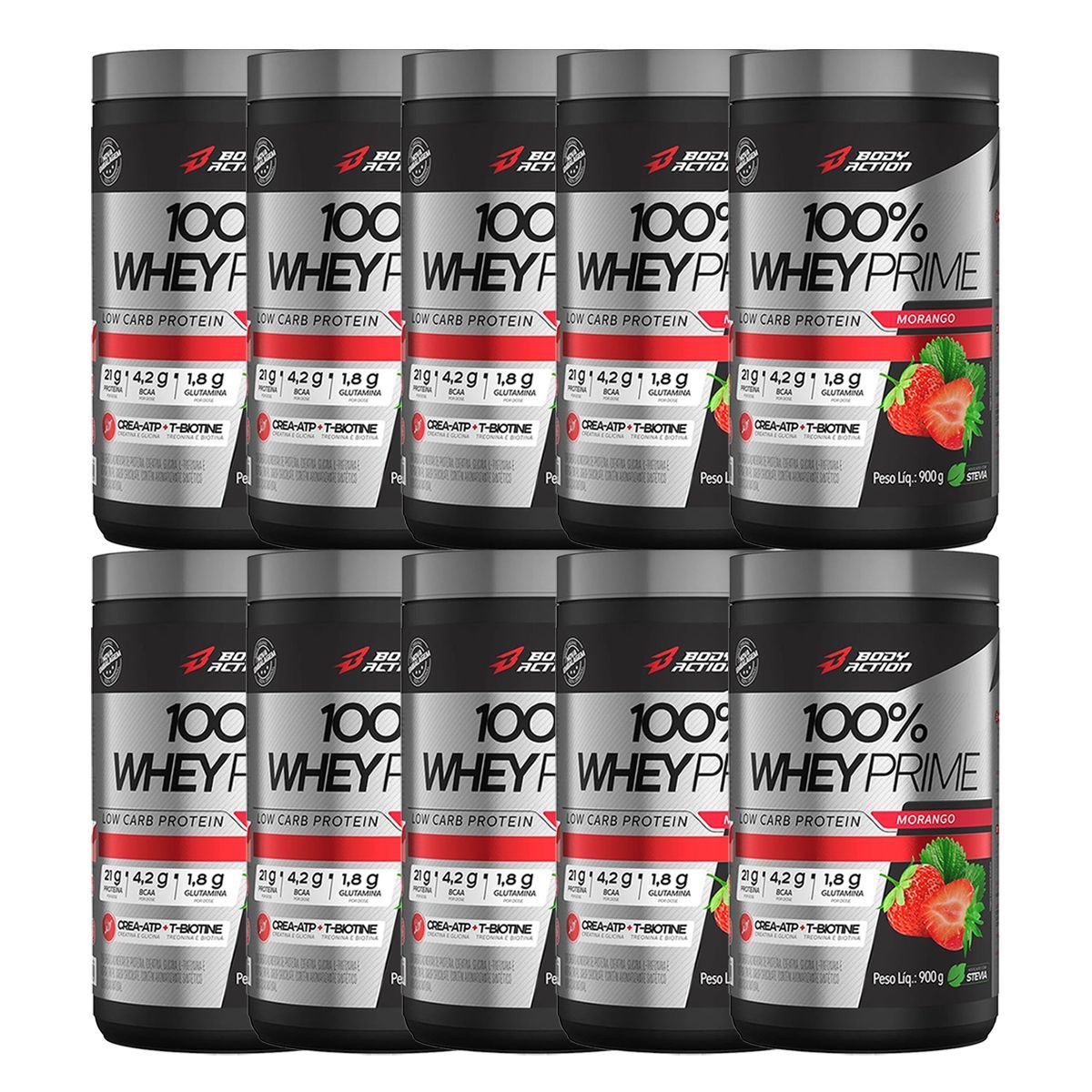 Kit 10X 100% Whey Prime Concentrado - 900g Morango - BodyAction