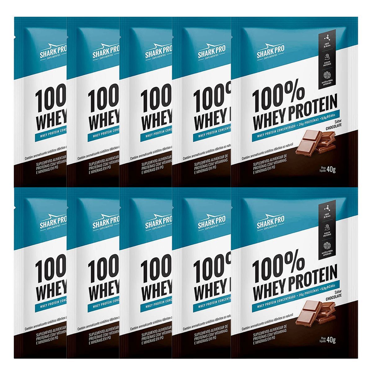 Kit 10X 100% Whey Protein - 1 Sach� 40g Chocolate - Shark Pro