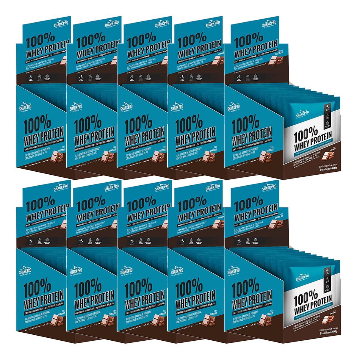 Kit 10X 100% Whey Protein - 10 Sach�s 40g Chocolate - Shark Pro