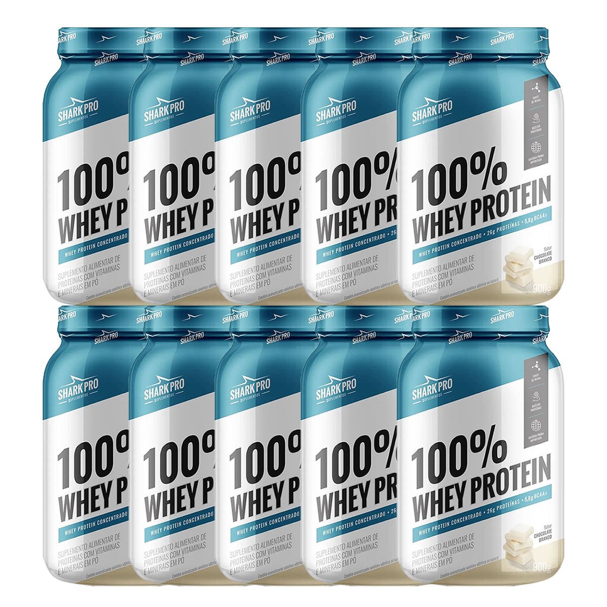 Kit 10X 100% Whey Protein - 900g Chocolate Branco - Shark Pro