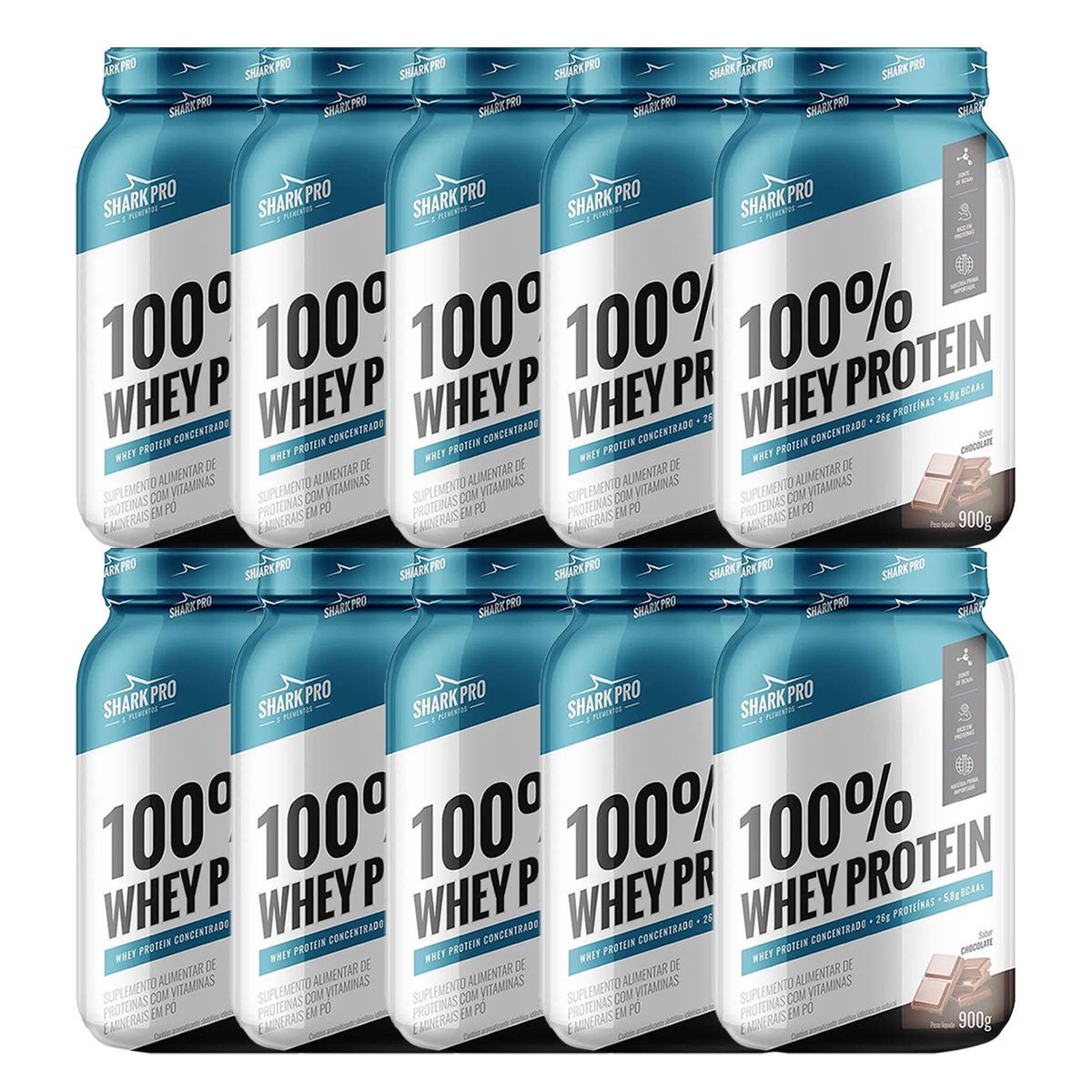 Kit 10X 100% Whey Protein - 900g Chocolate - Shark Pro