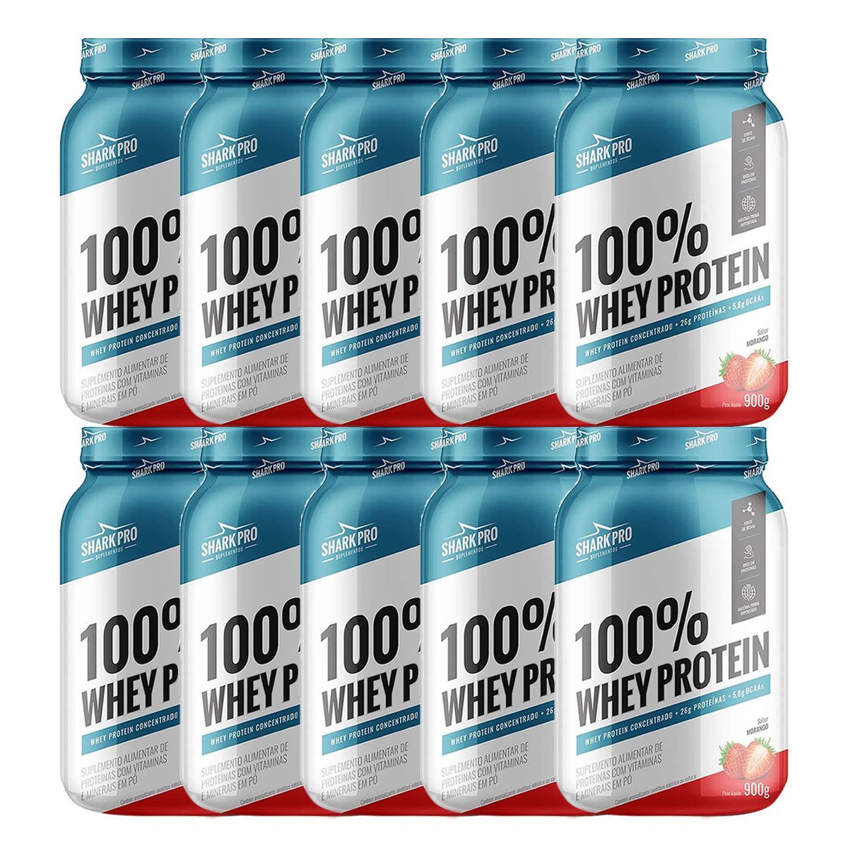 Kit 10X 100% Whey Protein - 900g Morango - Shark Pro