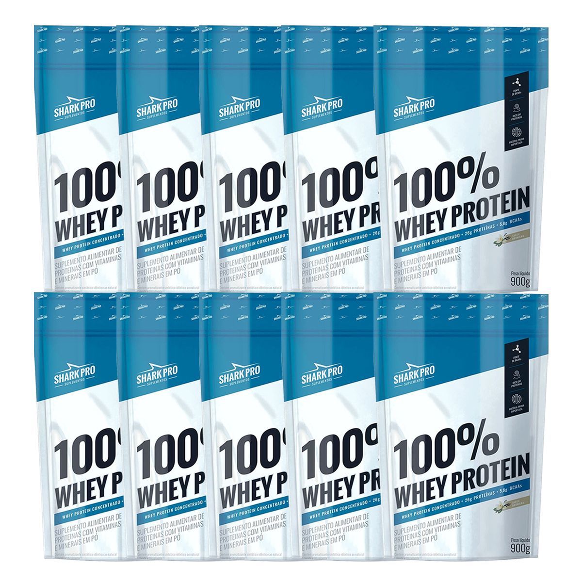 Kit 10X 100% Whey Protein - 900g Refil Baunilha - Shark Pro