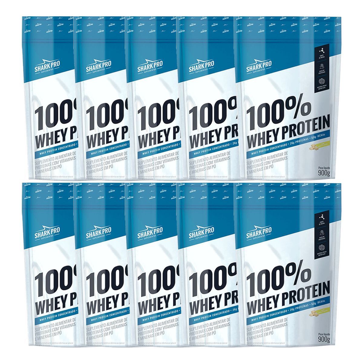 Kit 10X 100% Whey Protein - 900g Refil Chocolate Branco - Shark Pro