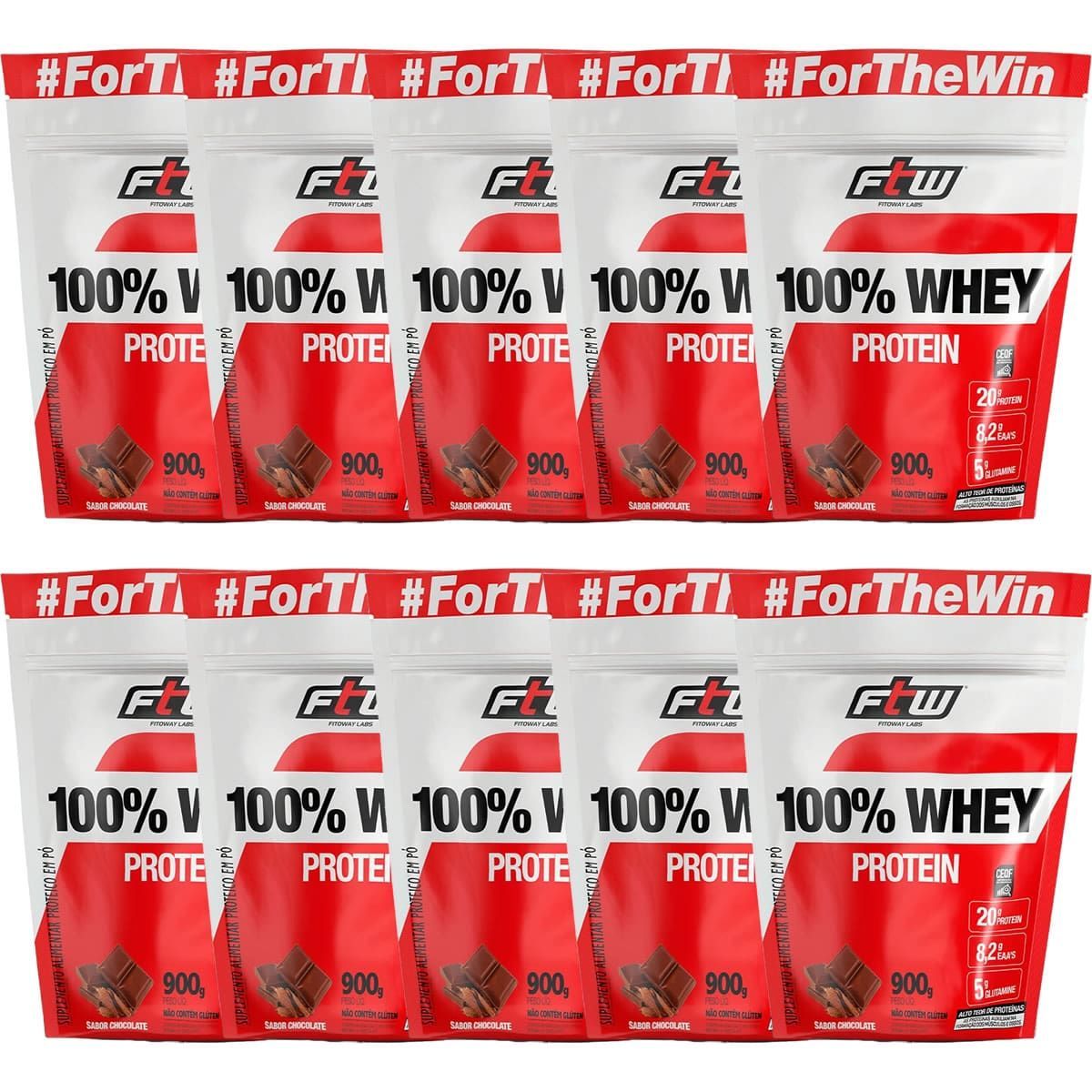 Kit 10X 100% Whey Protein - 900g Refil Chocolate - FTW