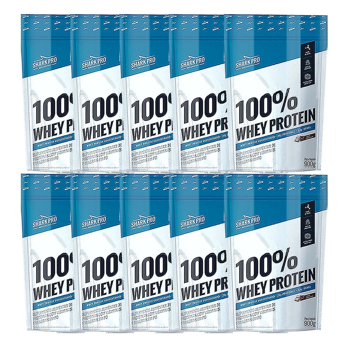 Kit 10X 100% Whey Protein - 900g Refil Chocolate - Shark Pro