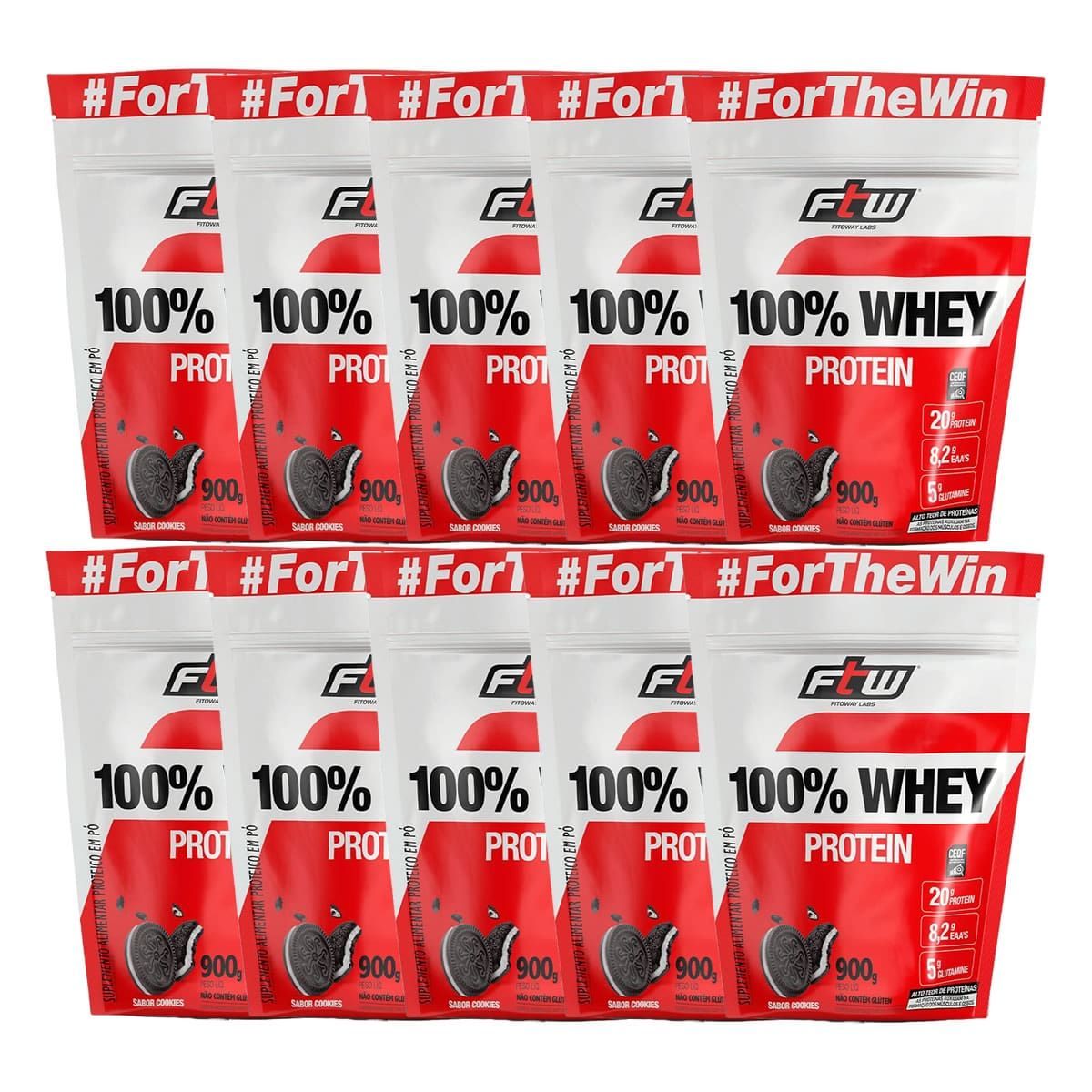 Kit 10X 100% Whey Protein - 900g Refil Coockies - FTW