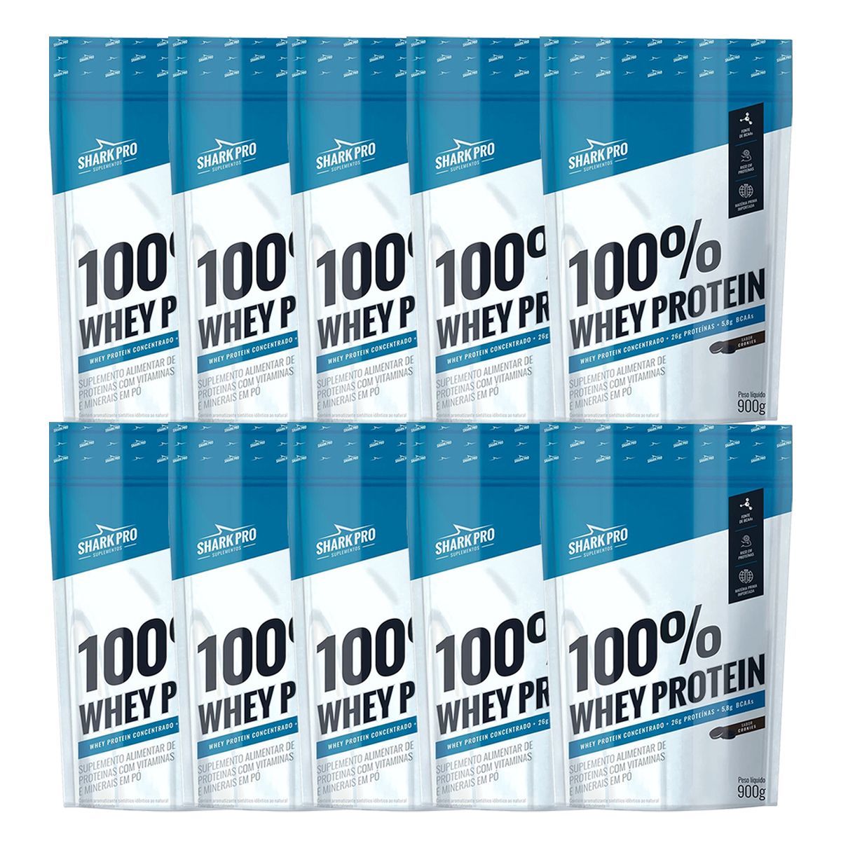 Kit 10X 100% Whey Protein - 900g Refil Cookies - Shark Pro