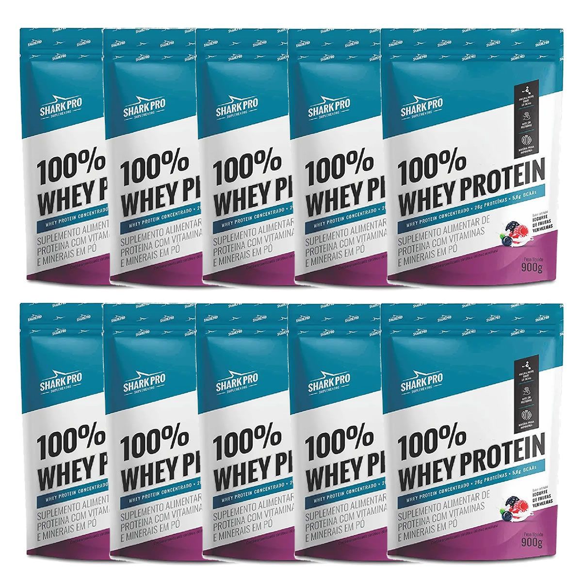 Kit 10X 100% Whey Protein - 900g Refil Iogurte de Frutas Vermelhas - Shark Pro