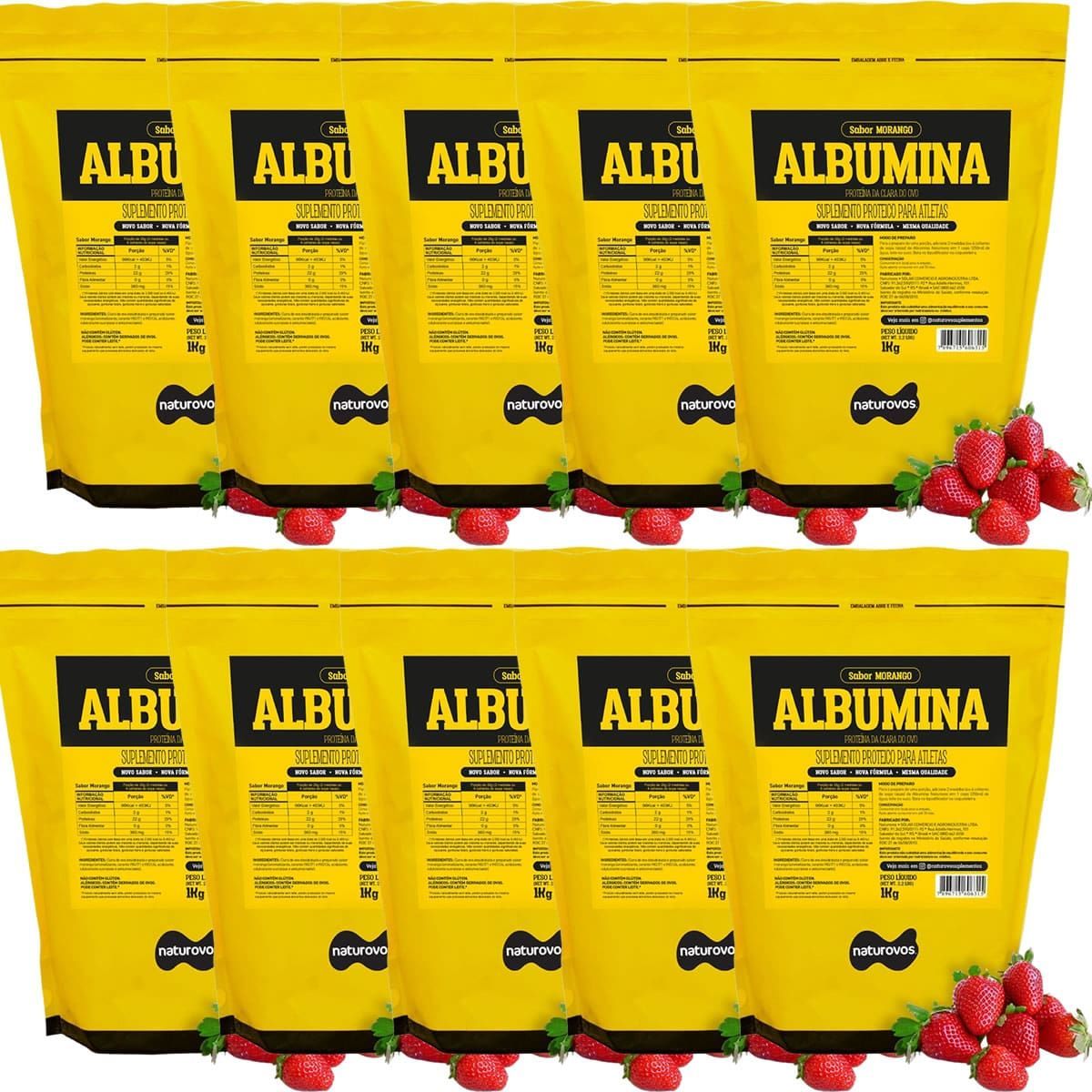 Kit 10X Albumina Refil - 1000g Morango - Naturovos