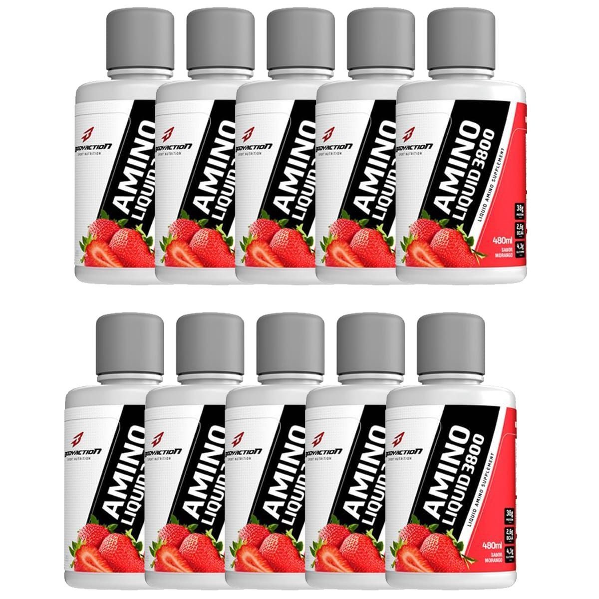 Kit 10X Amino Liquid 3800 - 480ml Morango - BodyAction