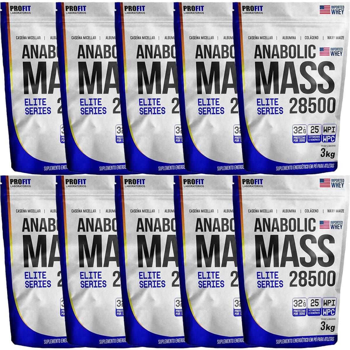 Kit 10X Anabolic Mass 28500 Refil Stand-Up - 3000g Morango - ProFit