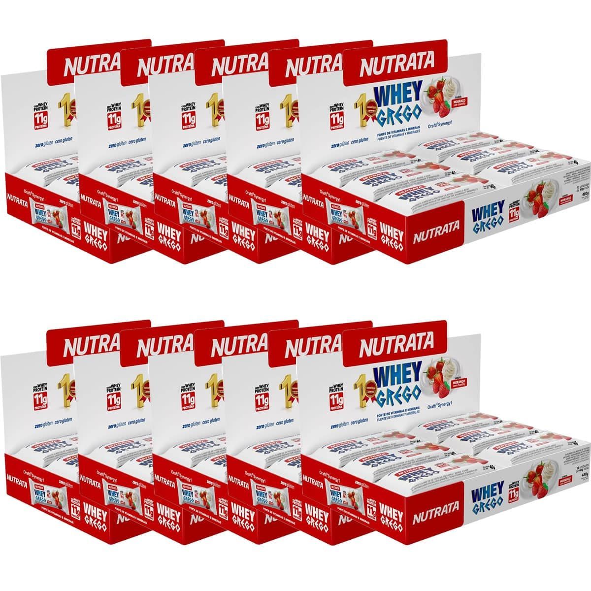 Kit 10X Barra Whey Grego Bar - 12 Unidades de 40g Morango com Chantilly - Nutrata