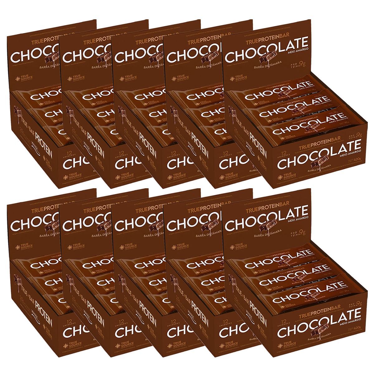 Kit 10X Barrinha de T�mara True Bar Protein - 12 Unidades de 35g Chocolate Meio Amargo - True Source