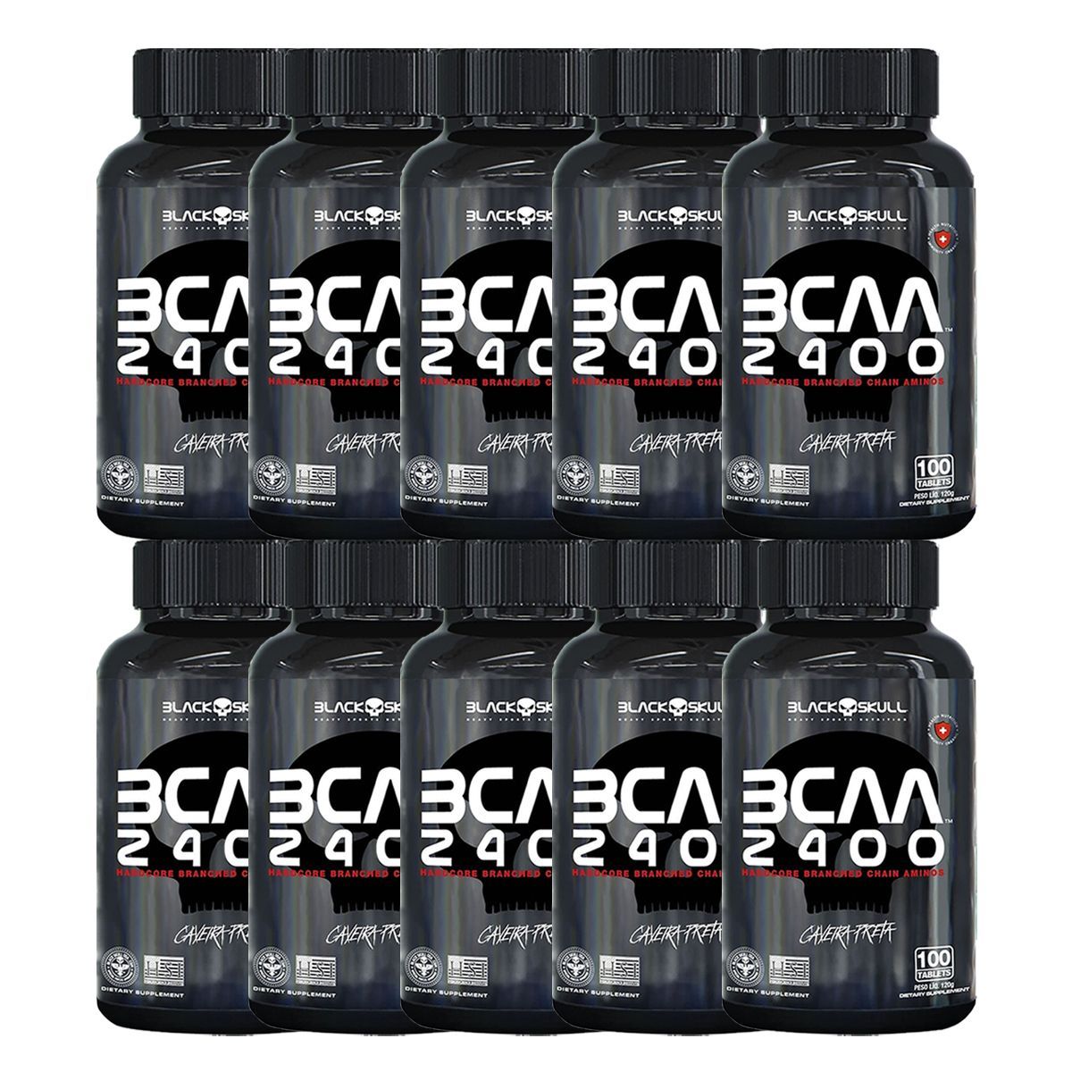 Kit 10X BCAA 2400 Caveira Preta - 100 Tabletes  - Black Skull