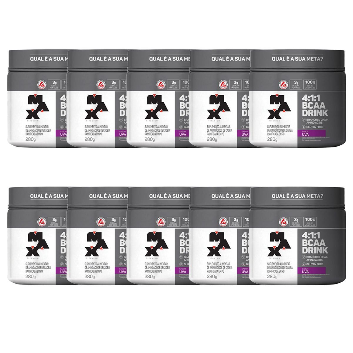 Kit 10X BCAA 4:1:1 - 280g Drink Uva - Max Titanium