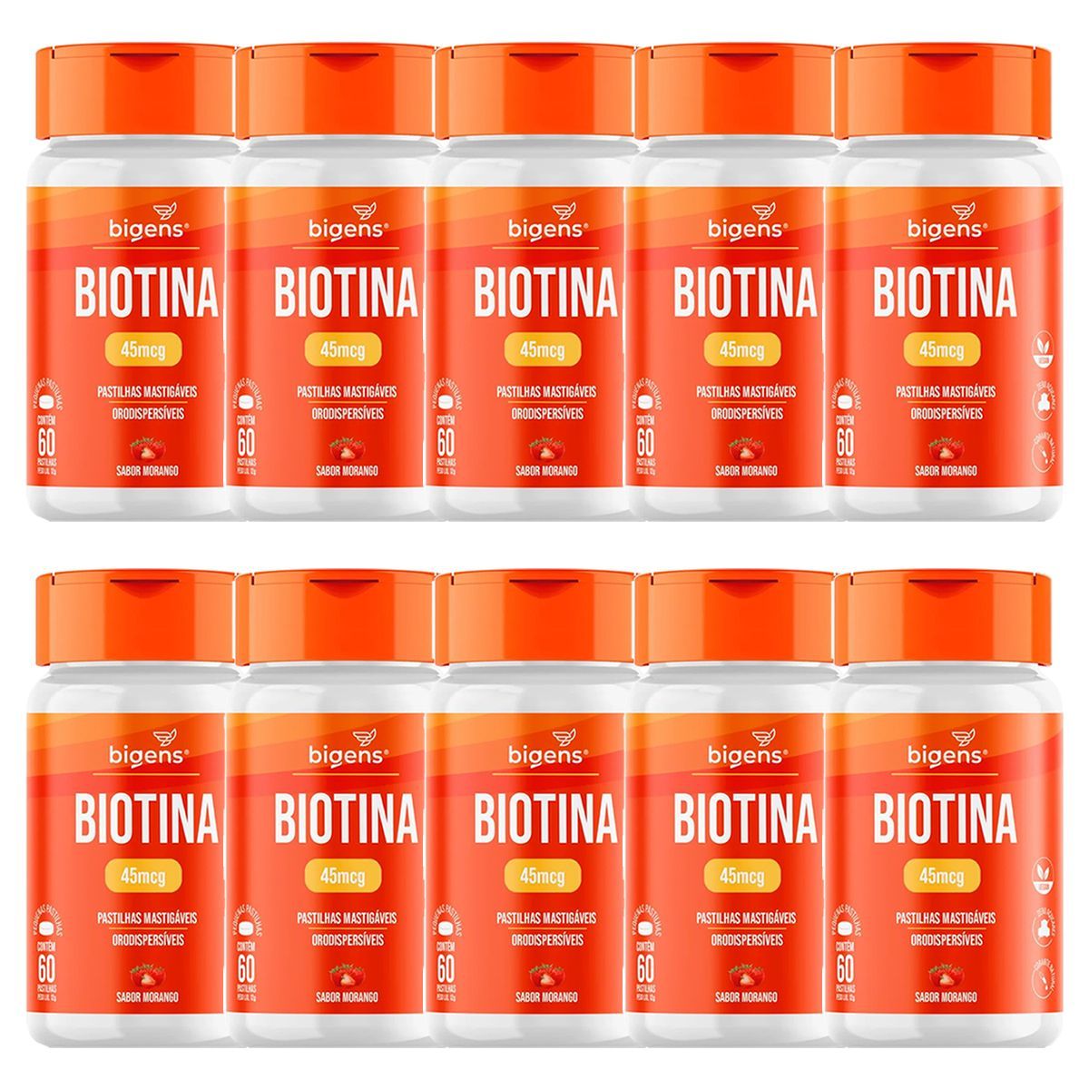 Kit 10X Biotina Mastigavel - 60 Pastilhas Morango - Bigens