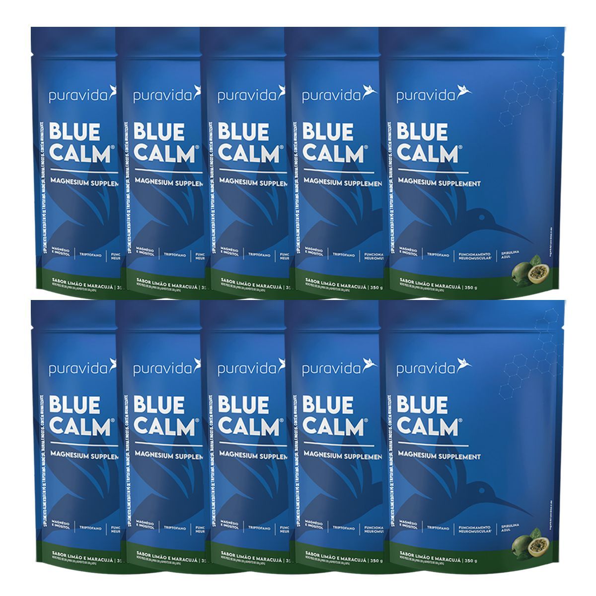 Kit 10X Blue Calm Magnesium Supplement - Refil 350g Lim�o e Maracuj� - Pura Vida