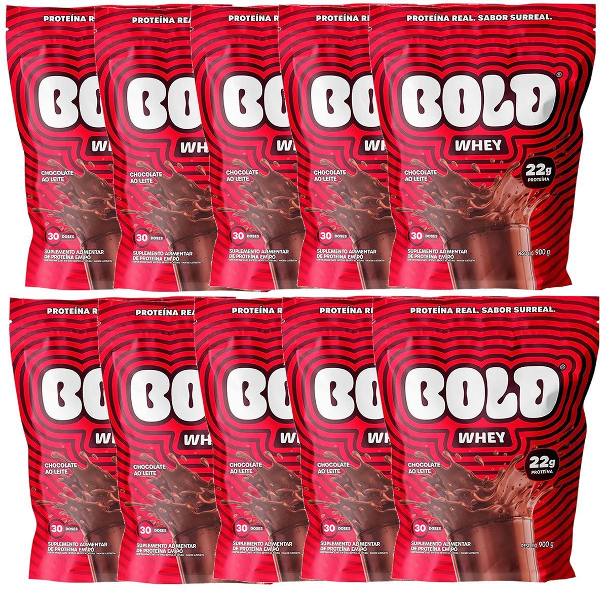 Kit 10X Bold Whey - 900g Refil Chocolate ao Leite - Bold