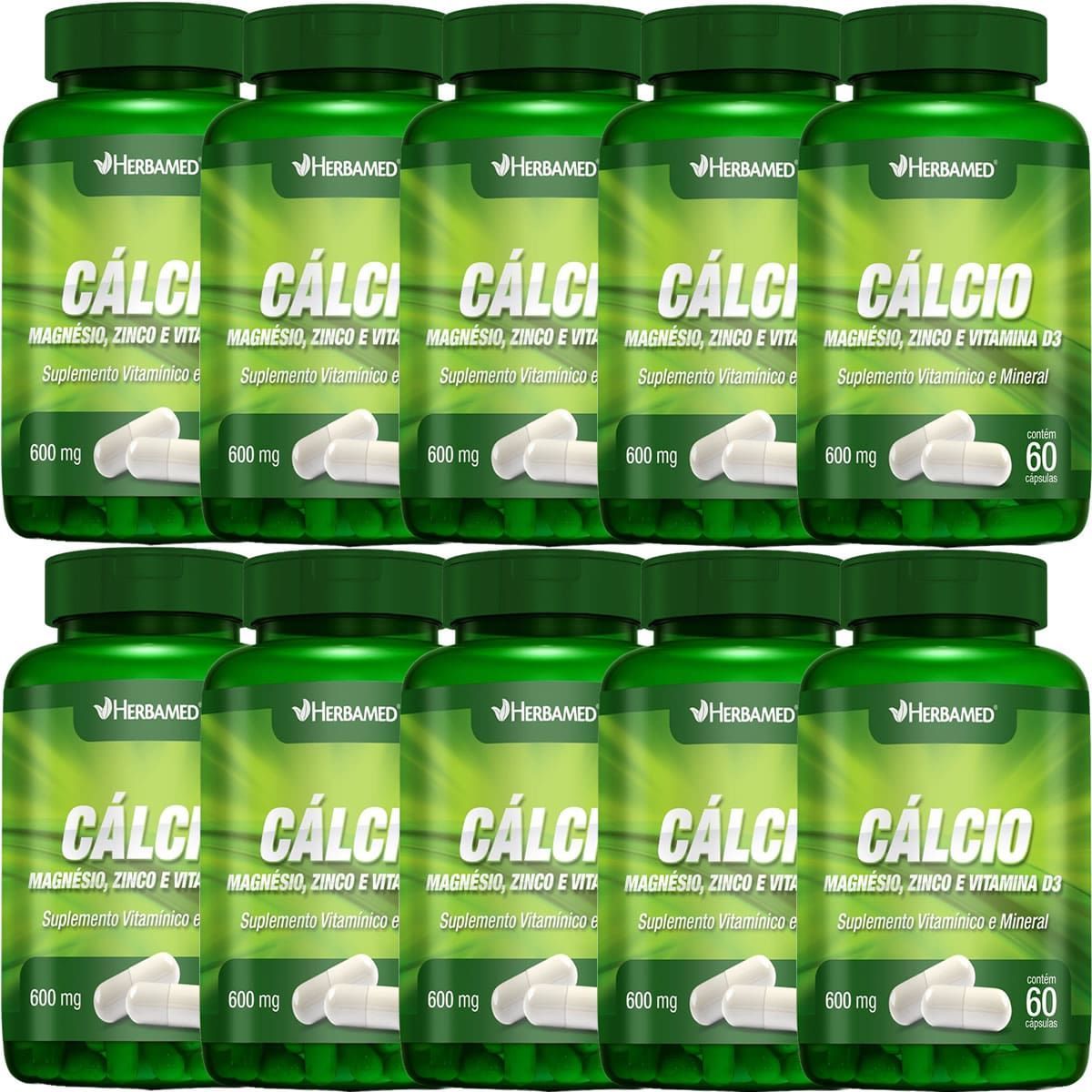 Kit 10X Calcio, Magnesio, Zinco E. Vit D3 600mg 60cps - Herbamed