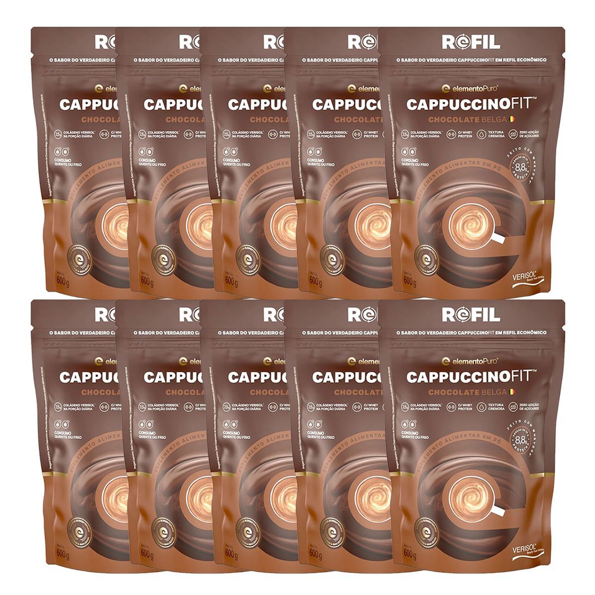 Kit 10X CappuccinoFit - 600g Refil Chocolate Belga - ElementoPuro