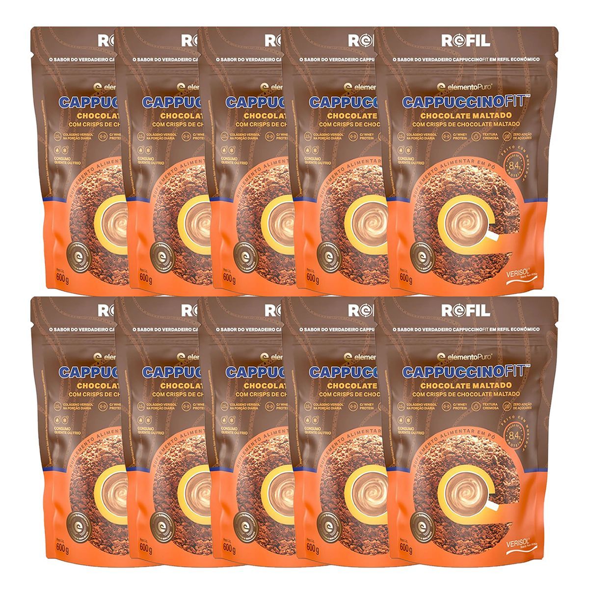 Kit 10X CappuccinoFit - 600g Refil Chocolate Maltado - ElementoPuro