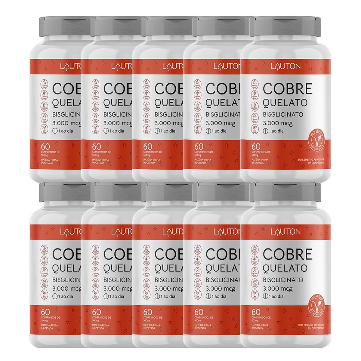 Kit 10X Cobre Quelato Bisglicinato - 60 Comprimidos - Lauton Nutrition