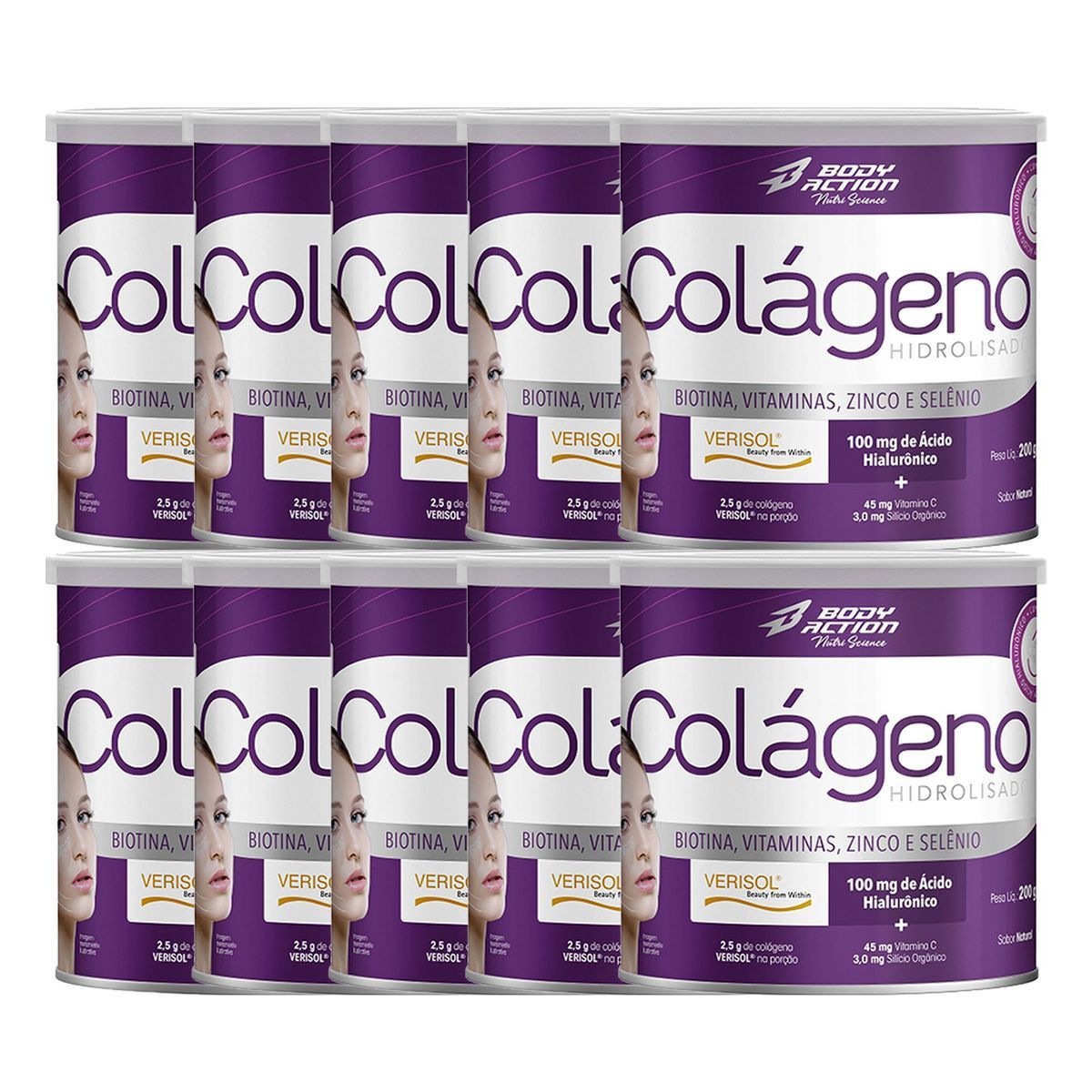 Kit 10X Col�geno Hidrolisado Nutri Science - 200g Natural - BodyAction