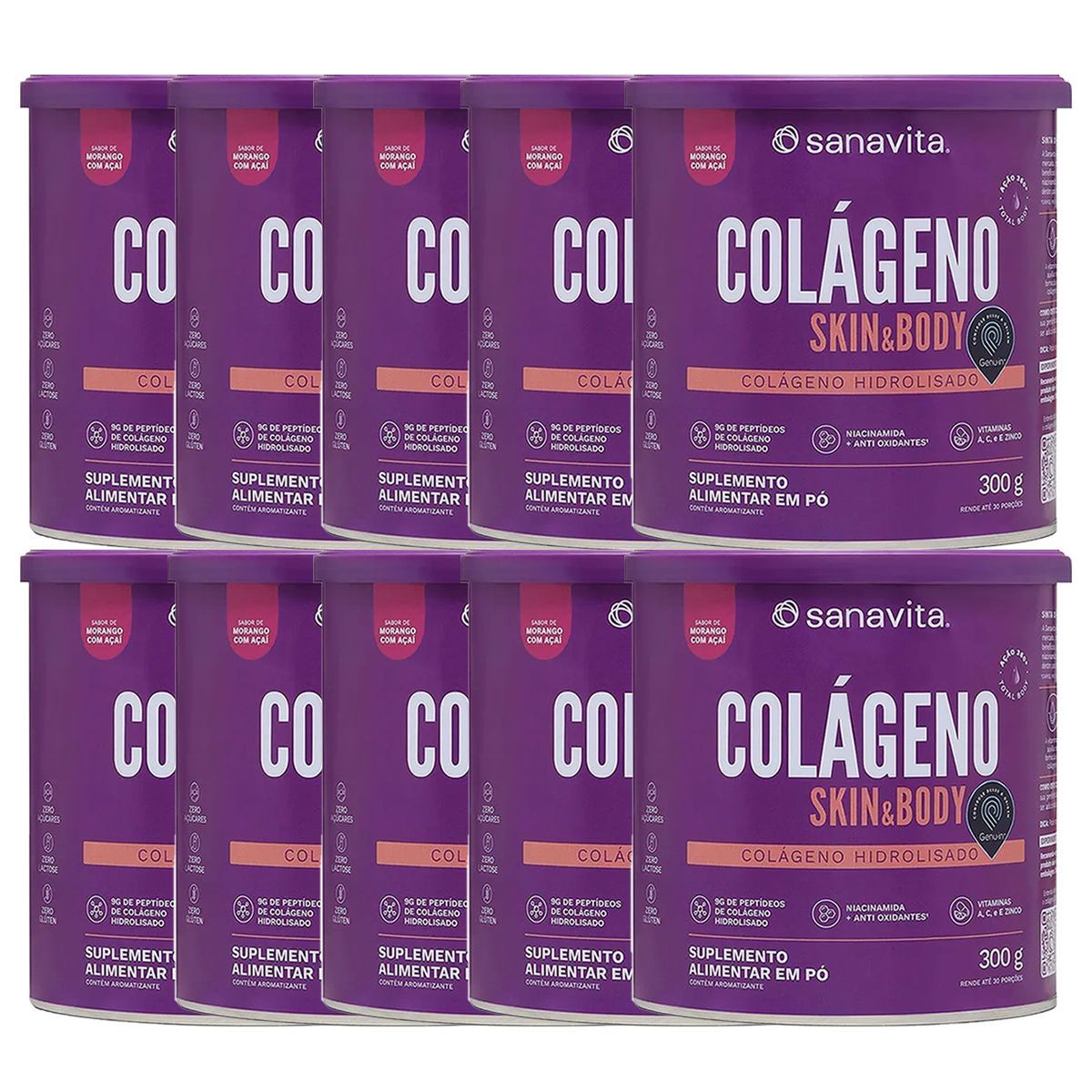 Kit 10X Col�geno Skin - 200g Morango Com A�a� - Sanavita