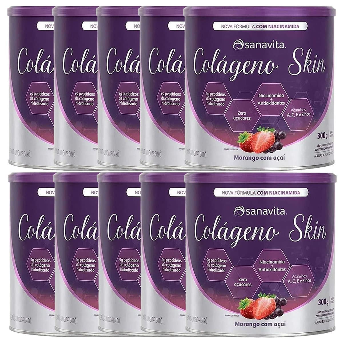 Kit 10X Col�geno Skin - 300g Morango Com A�a� - Sanavita