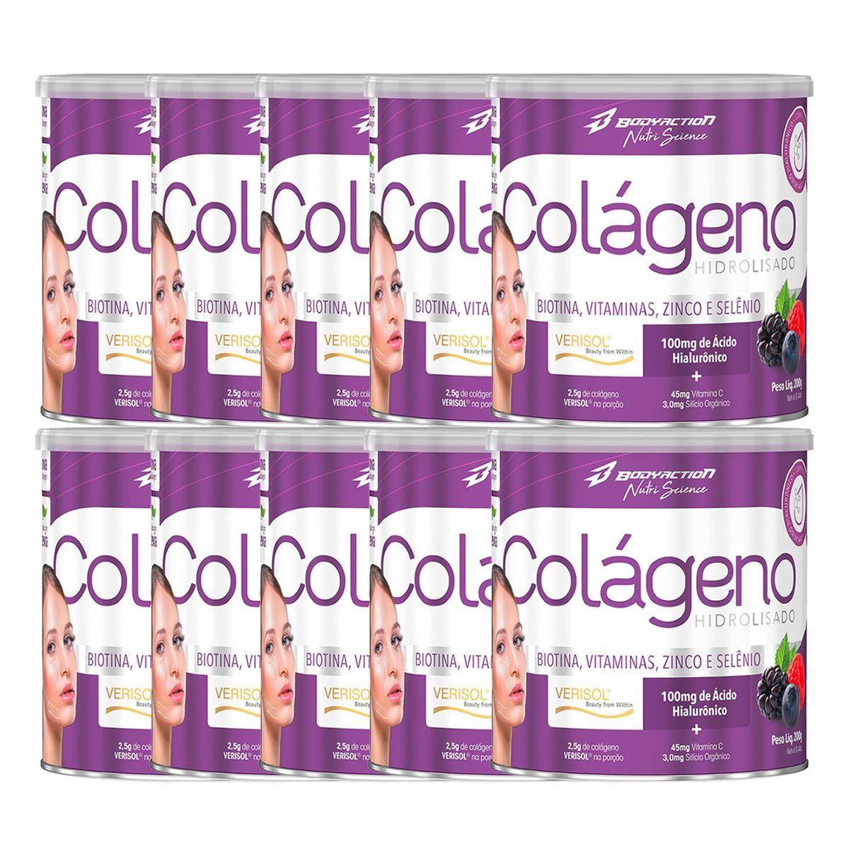 Kit 10X Col�geno Verisol Com Hialur�nico - 200g Frutas Vermelhas - BodyAction