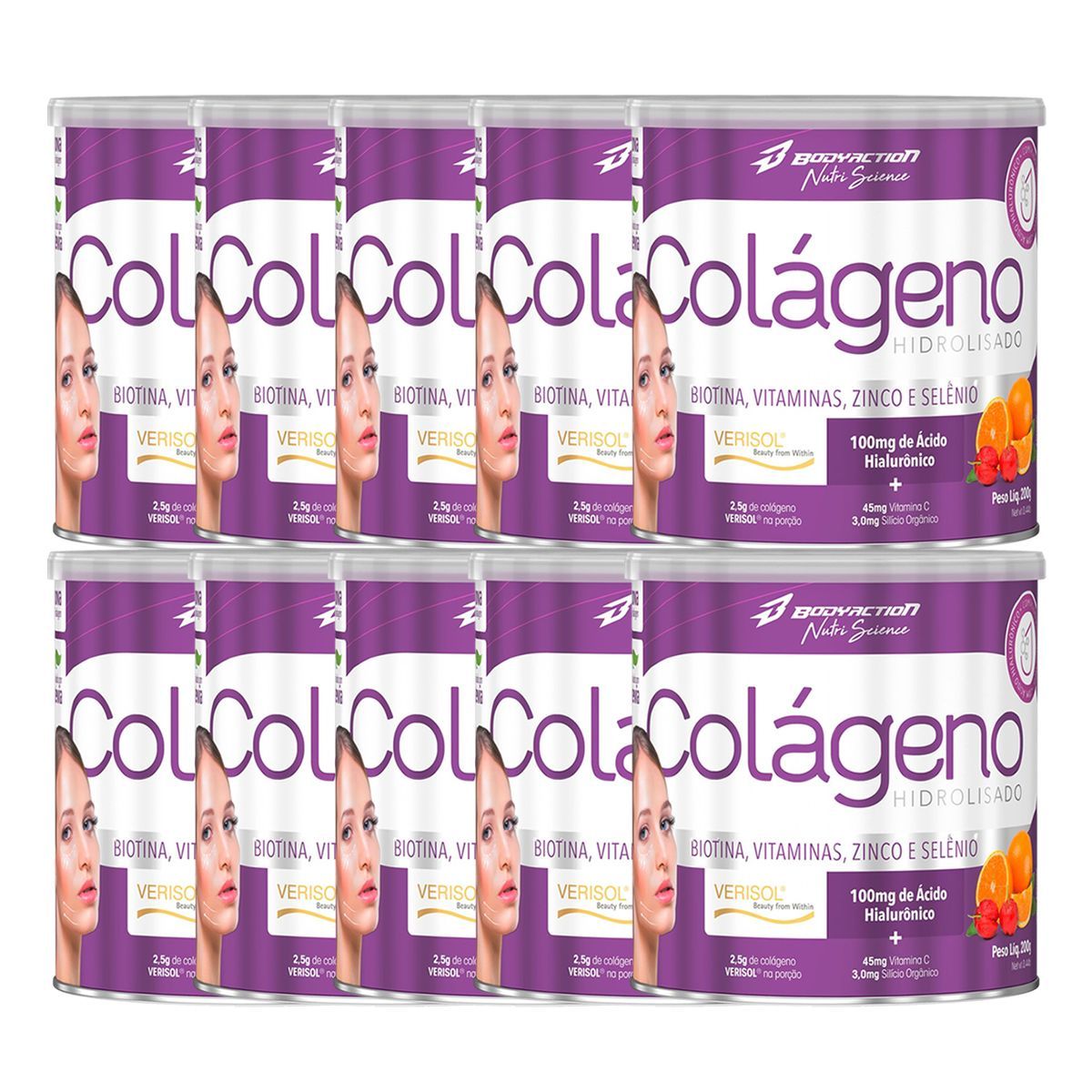 Kit 10X Col�geno Verisol Com Hialur�nico - 200g Laranja com Acerola - BodyAction