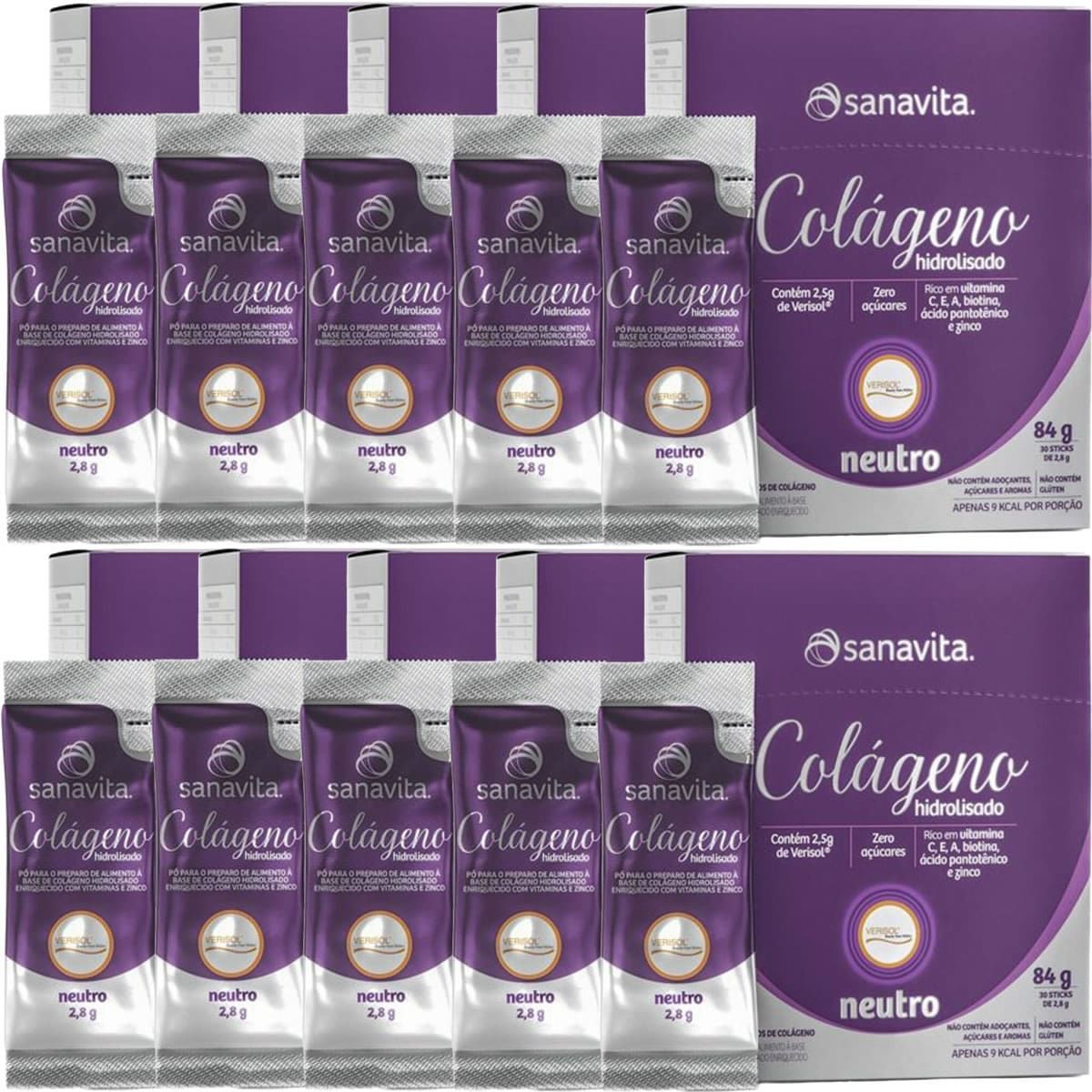 Kit 10X Col�geno Verisol Hidrolisado - 30 Sticke de 2,8g Neutro - Sanavita