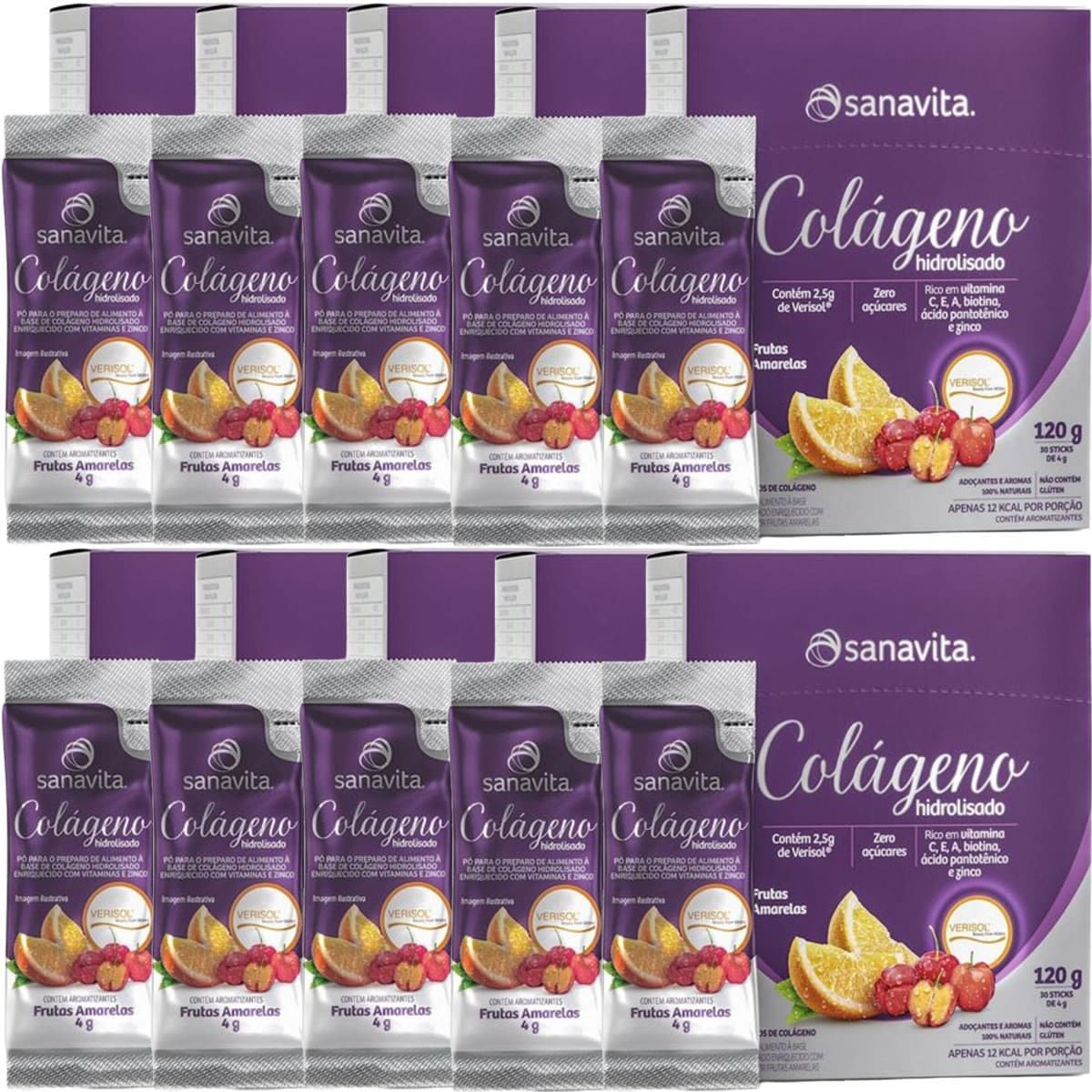 Kit 10X Col�geno Verisol Hidrolisado - 30 Sticke de 4g Frutas Amarelas - Sanavita