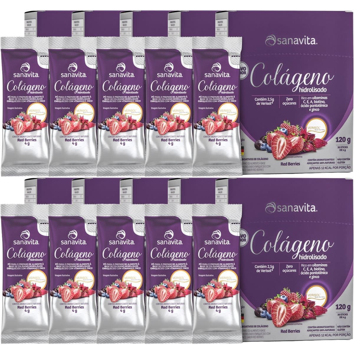 Kit 10X Col�geno Verisol Hidrolisado - 30 Sticke de 4g Red Berries - Sanavita