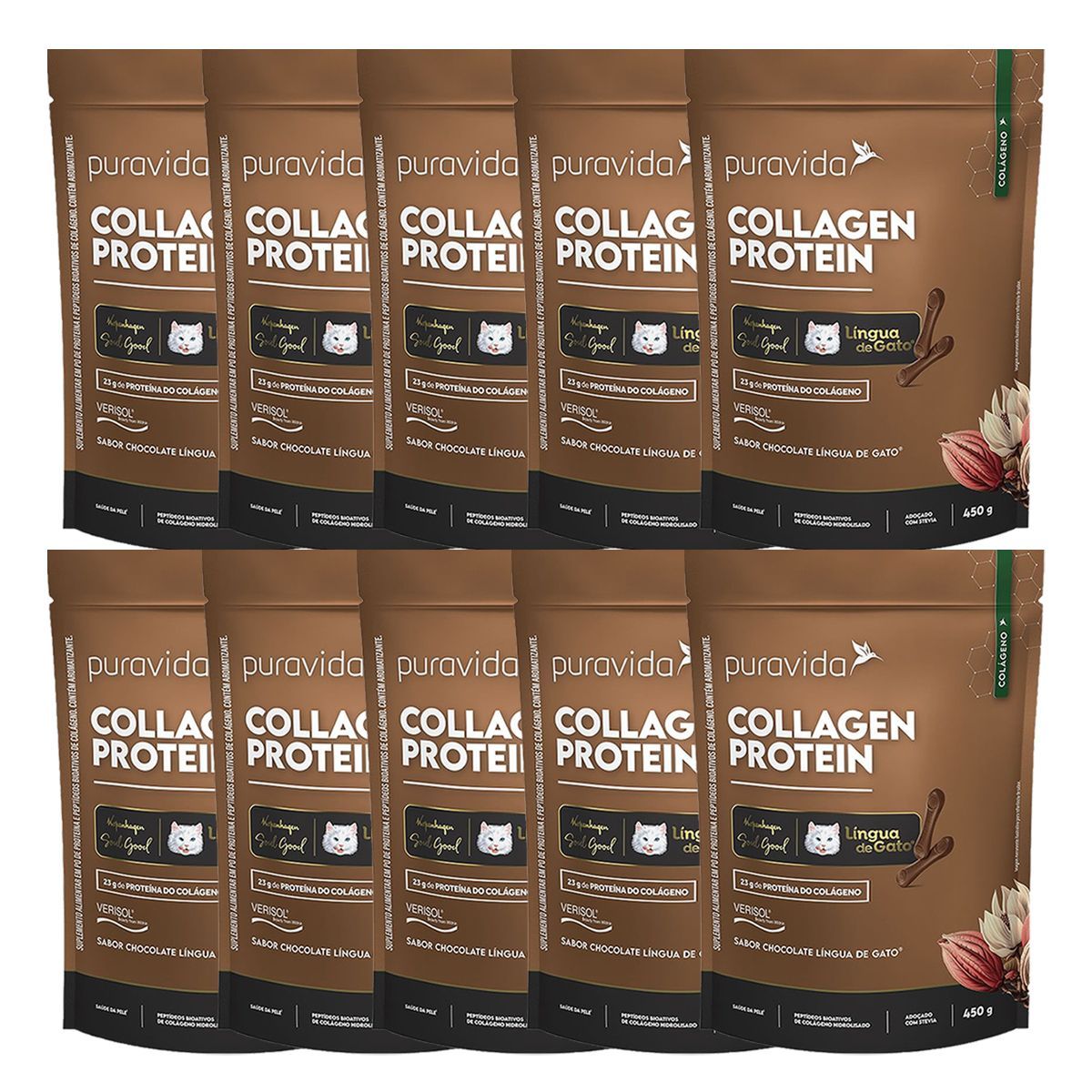 Kit 10X Collagen Protein - Refil 450g Lingua de Gato - Puravida